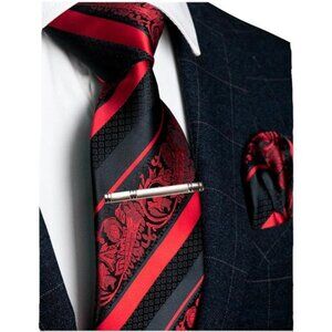 Mens Floral Necktie and Pocket Square Tie Clip Sets for Men